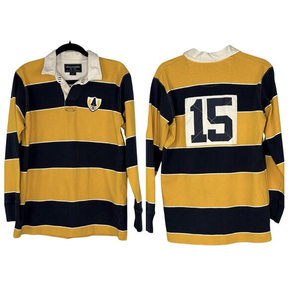 Vintage 90s Abercrombie Fitch Rugby Shirt XL Fits Size M Striped Crest Navy Gold - Picture 1 of 4